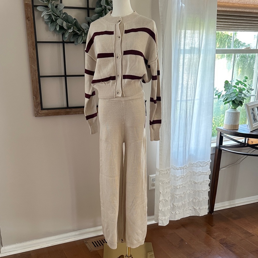 Sincerely Jules Cream and Burgundy Striped Knit Set